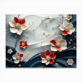 3d Artwork White and Blue Background with Golden Jewelry and Flowers Canvas Print