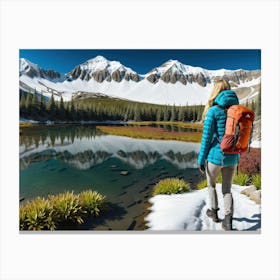 Woman trekking at snowy winter Alps, Rocky Mountains 8 Canvas Print