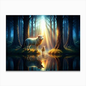 A Sheep And A Lamb Standing By A Lake With A Bright Light Shining Through Trees Canvas Print