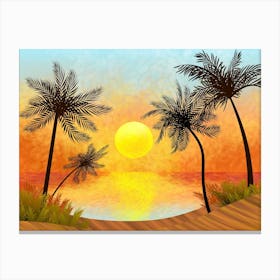 Landscape Illustration Sun Sky Beach Sea Summer Palm Trees Trees Silhouettes Sand Sunset Canvas Print