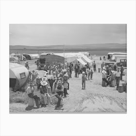 Pea Pickers Gathering To Go To The Fields, Canyon County, Idaho, This Is A Labor Contractor S Camp By Russell Lee Canvas Print