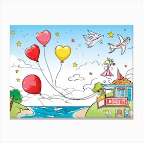 An Illustrated Idea Of A Birthday Party On The Beach Cartoon Valentine Balloons Hand Drawn Vector (2) Canvas Print