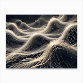 Abstract Flowing Waves Of White Filaments And Particles On A Dark Background, Resembling Strands Of Hair, Fiber Optic Cables, Or Streams Of Data In Cyberspace Canvas Print