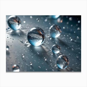 A Close Up Of A Group Of Clear, Glass Spheres On A Blue Surface With A Few Droplets Scattered Around Canvas Print