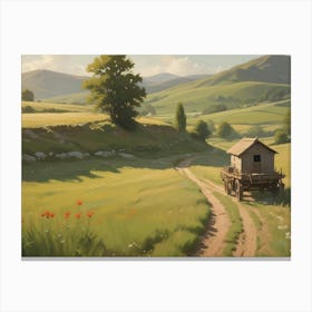 A Peaceful Countryside Landscape With A Small Wooden House On Wheels Parked On A Dirt Road That Leads Through Rolling Hills And Green Fields Canvas Print