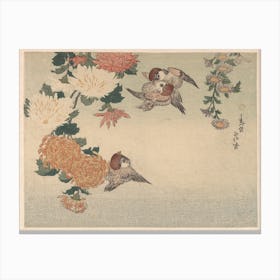 Sparrows And Chrysanthemums, Katsushika Hokusai Canvas Print