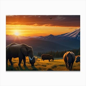 Sunset With Elephants Canvas Print