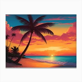 A Tranquil Beach At Sunset Horizontal Illustration 35 Canvas Print