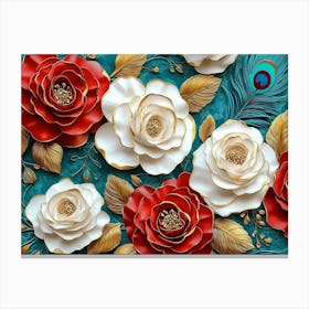 3d Pattern Diamond with Crimson, Turquoise and Golden Roses Flowers Canvas Print