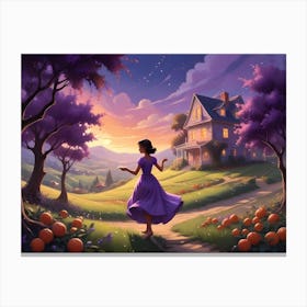 Purple Sunset Landscape With Woman In Dress And House Canvas Print