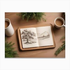 A Still Life Scene Featuring A Sketchbook With A Hand Drawn Landscape, Two Cups Of Coffee, And Potted Plants On A Wooden Table Canvas Print