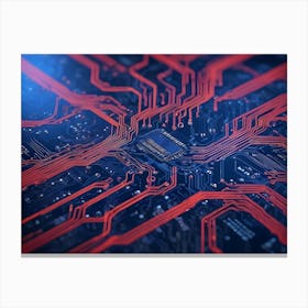 Close Up Of A Circuit Board With Intricate Red Lines And A Central Processor, Highlighting The Complexity Of Technology And Connectivity Canvas Print