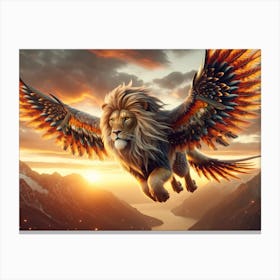 Lion-Bird Flight at Sunset Fantasy Canvas Print
