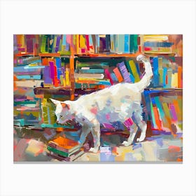 White Cat In The Library - Reading Canvas Print