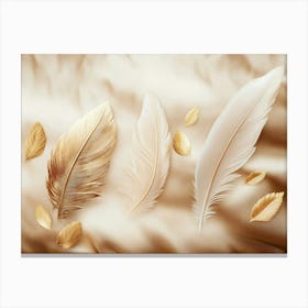 A 3d Drawing Artwork on A Silky Background with Golden Feathers and Leaves Canvas Print