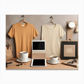 A Still Life Featuring Two T Shirts Hanging On Hangers, A Laptop, A Tablet, Two Cups Of Coffee, A Bag, Sunglasses, A Notebook, And A Framed Chalkboard, All Arranged On A Wooden Table Canvas Print