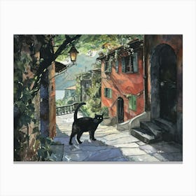Black Cat In Como, Italy, Street Art Watercolour Painting 2 Canvas Print