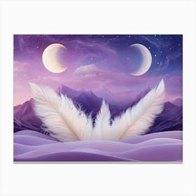 Philosophical 3d Surrealism Art with Soft Lilac Background, Elegant Ivory Feathers, Celestial Ranges and Luminous Canvas Print