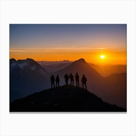 Silhouette Of Hikers At Sunset Canvas Print