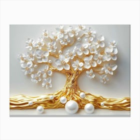 3d Art With Gold Tree Life White Pearl And Flowers 2 Canvas Print