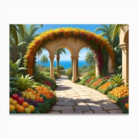 Tropical Garden Pathway With Fruit Arches And Ocean View 1 Canvas Print