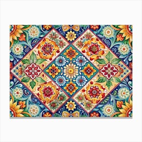 Colorful Floral Tile Pattern With Geometric Shapes Canvas Print