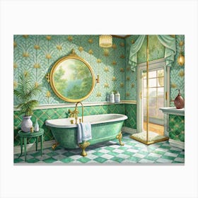 Green Bathroom With Vintage Bathtub And Golden Accents Canvas Print