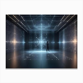 A Lone Figure Stands In A Dark Room, Silhouetted Against A Futuristic Interface Of Glowing Lines And Data Points Canvas Print