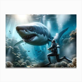 Scuba Diver And Great White Shark 5 Canvas Print