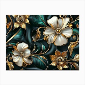 Luxury Floral Seamless with Flowers Elegant Leather Texture Illustration Background in Golden, Green and White Canvas Print