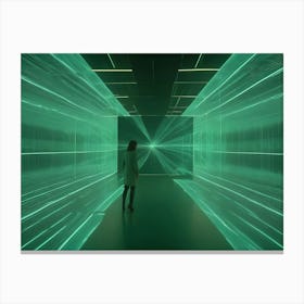 An Illustration Of A Woman Standing In A Futuristic Corridor With Glowing Green Lines Canvas Print