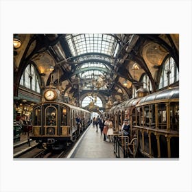 Steampunk Train Dominates Victoria Station London With Riveted Iron Plates And Brass Pipes Gleamin Canvas Print