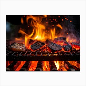 Fiery Inferno Engulfing A Barbecue Grill Flames Licking The Flaming Coals Closeup Of Blazing Fire (3) Canvas Print