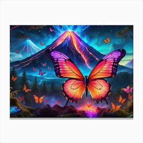 Colorful butterfly flying near an ethereal volcano Toile