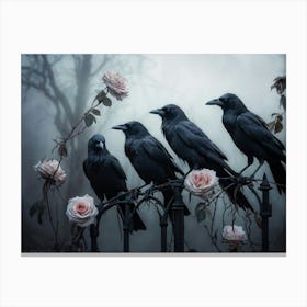 A Spectral Congregation Of Crows Enveloped By Withering Roses Tendrils Of Their Shadows Wrapping Ar Canvas Print