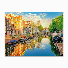 Traditional Dutch Houses Along The Canal In Jordaan District, Amsterdam Canvas Print