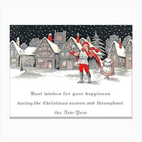 Boy Is Announcing A Happy New Year On A Village Covered With Snow Canvas Print