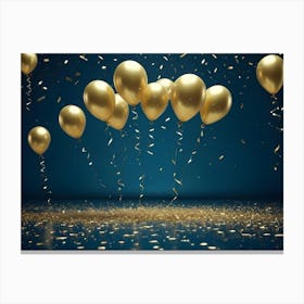 A Festive Celebration Scene With A Cluster Of Golden Balloons Floating Against A Dark Blue Background With Scattered Golden Confetti Canvas Print