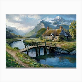 River Mountain with Cottage and Alps View #5 Canvas Print