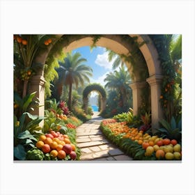 A Serene Tropical Garden With Stone Arches Leading To A View Of The Ocean Canvas Print