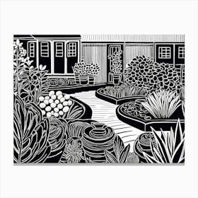 Beautiful Garden Linocut Black And White Painting 3 Canvas Print