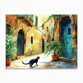 Beirut, Lebanon   Black Cat In Street Art Watercolour Painting 2 Canvas Print