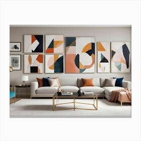 A Modern Living Room Interior Design Featuring A Beige Sofa, A Gold Coffee Table, And A Gallery Wall Of Abstract Artwork In Various Colors And Styles Canvas Print