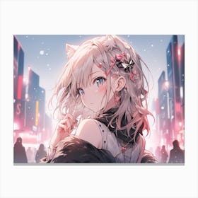 Cute anime cat girl, neko ears, snowy future city Canvas Print