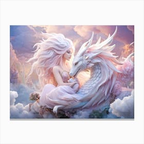 Mother Dragon Protecting Her Slumbering Winged Baby Curled Amongst Clouds Body Dusted In Powdered Canvas Print