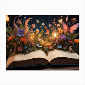 A Fantasy Scene Of A Book With Flowers, Butterflies, A Rabbit, And Glowing Lanterns Emerging From Its Pages Canvas Print