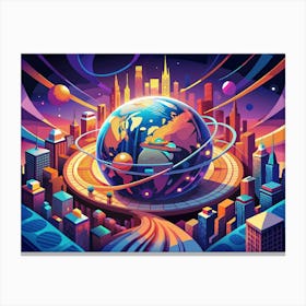 Futuristic Cityscape With Earth At Its Center Canvas Print