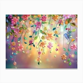 Vibrant 3d Abstract Floral Illustration with Colorful Hanging Branches and Blooming Flowers Canvas Print