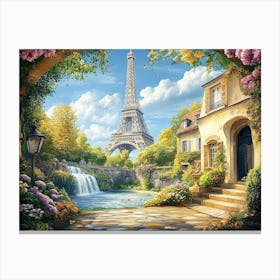 Beautiful View of The Eiffel Tower with Access to the Garden with Old Houses Flowers Canvas Print