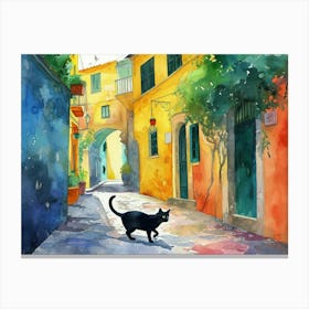 Black Cat In Caserta, Italy, Street Art Watercolour Painting 3 Canvas Print